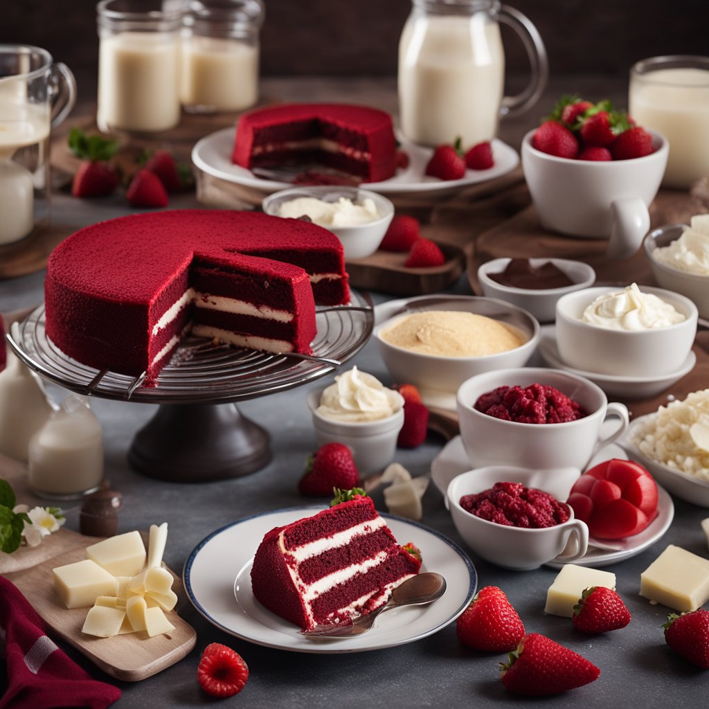 A table with ingredients for Red Velvet cake: flour, cocoa, buttermilk, vanilla, red food coloring, and cream cheese frosting